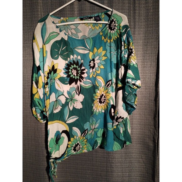 "Women's Floral Print 3/4 Sleeve Top – Teal and Yellow Boho Blouse" - Picture 1 of 5